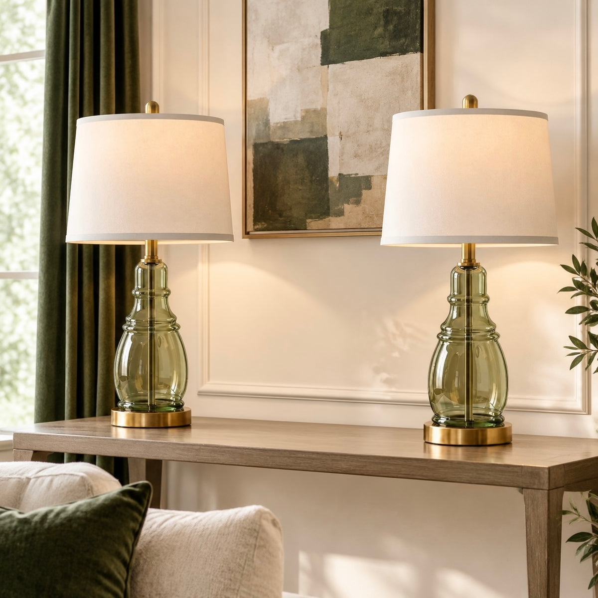 NEW Anthropologie Set of 2 Sage Green Glass Gold Boho Table Lamps Lighting - 22"