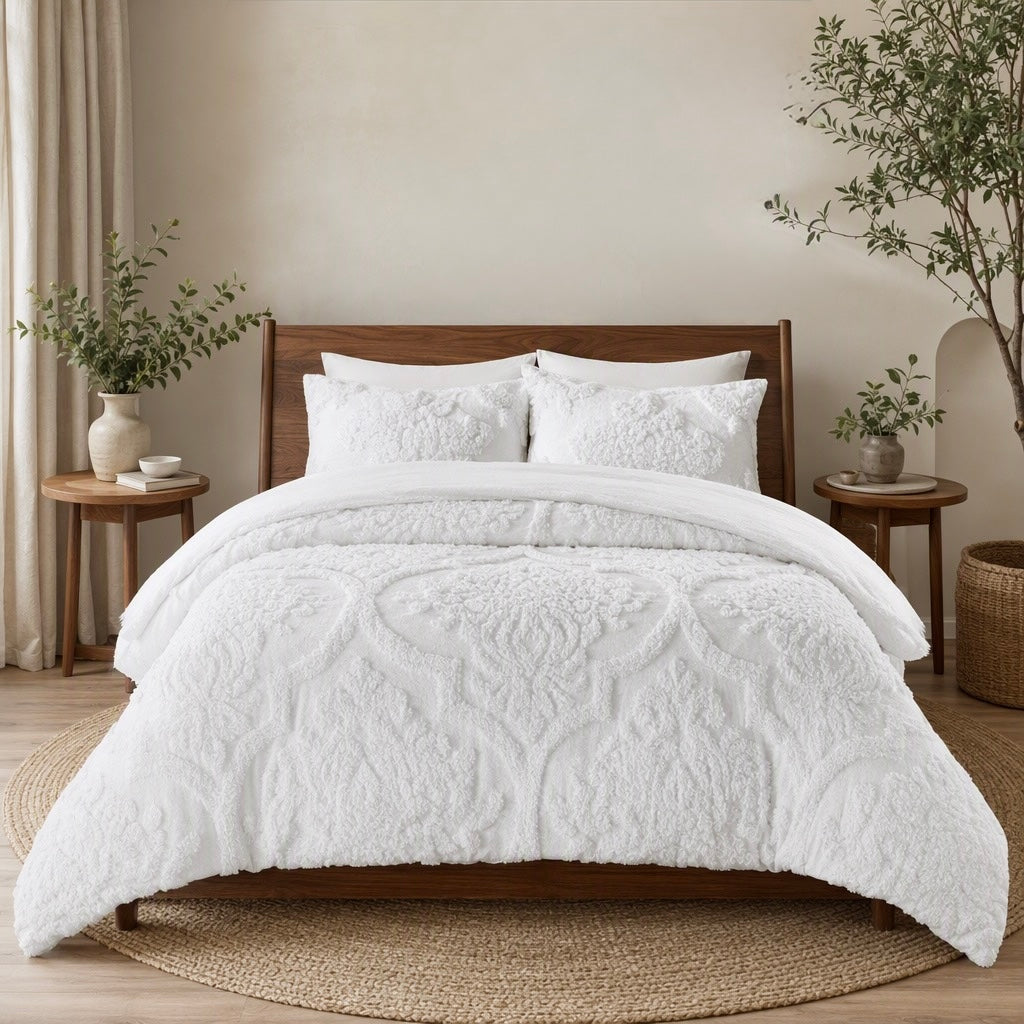 NEW Anthropologie White Queen / King Chenille Damask Comforter Bedding Blanket & Sham Set
