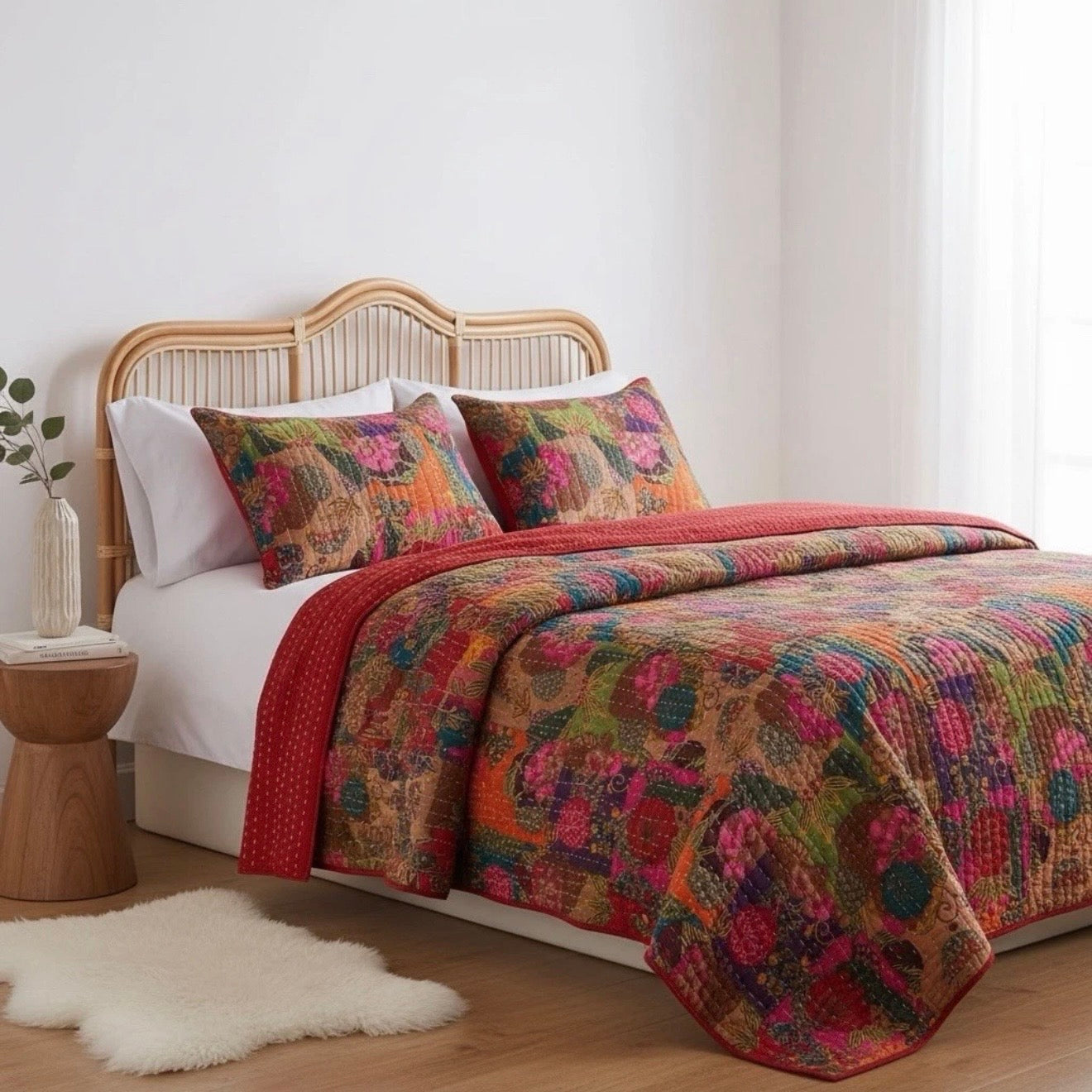 NEW Anthropologie Red Floral Boho King Quilt Stitch Bedspread Bedding Sham Set