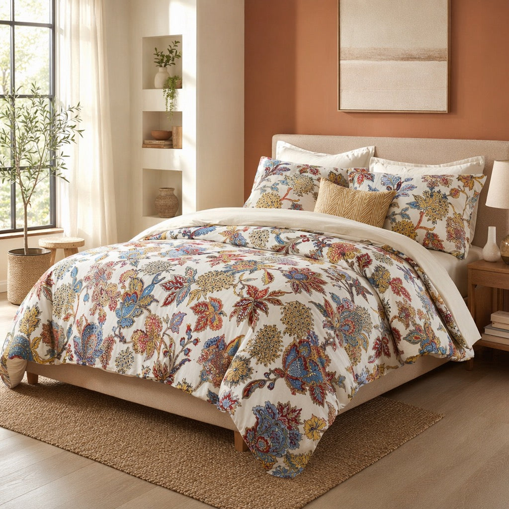 NEW Anthropologie Cream Boho King Size Floral Bedding Duvet Sheet Sham Set