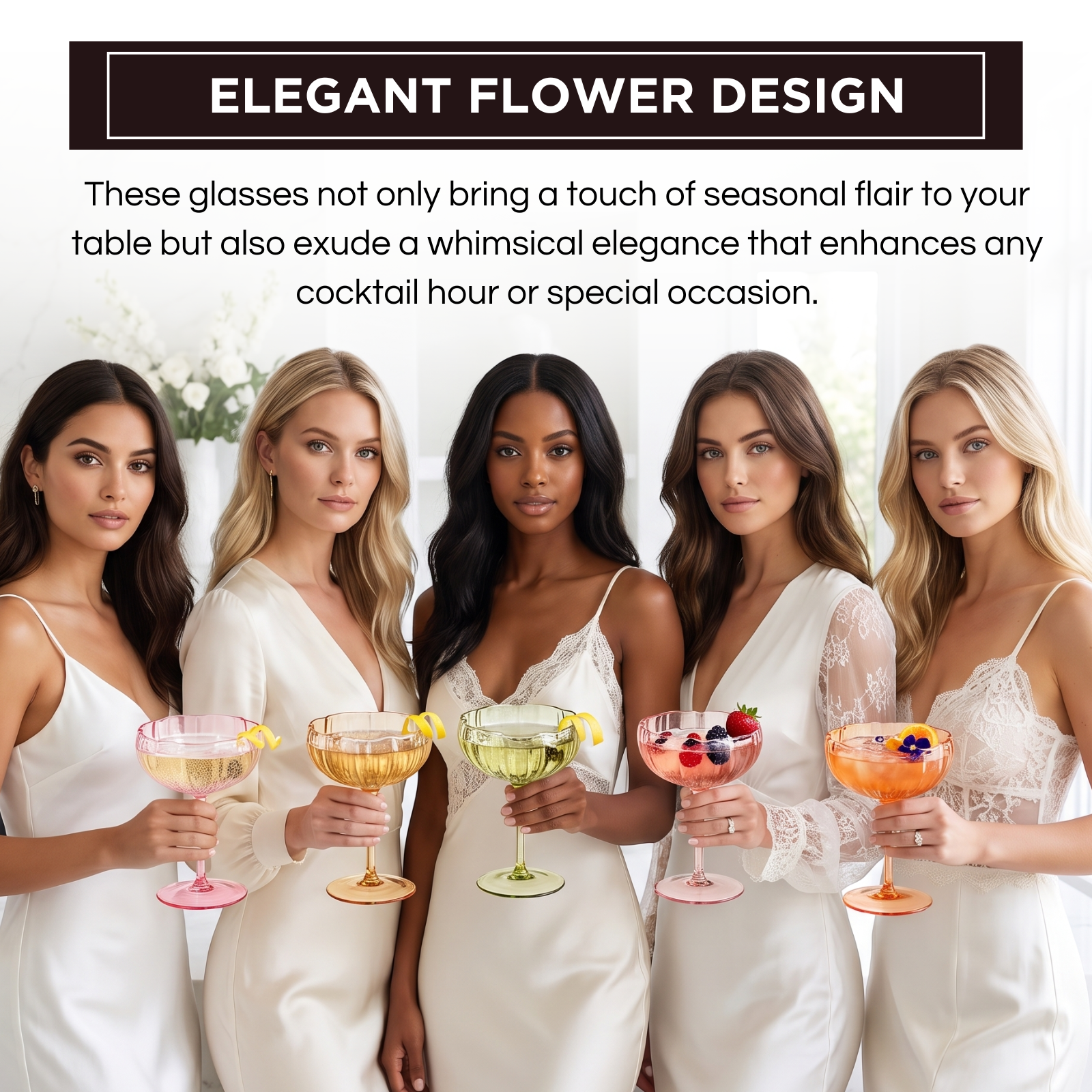 Flower Coupe Cocktail Glasses | Set of 4 | Bright Colors