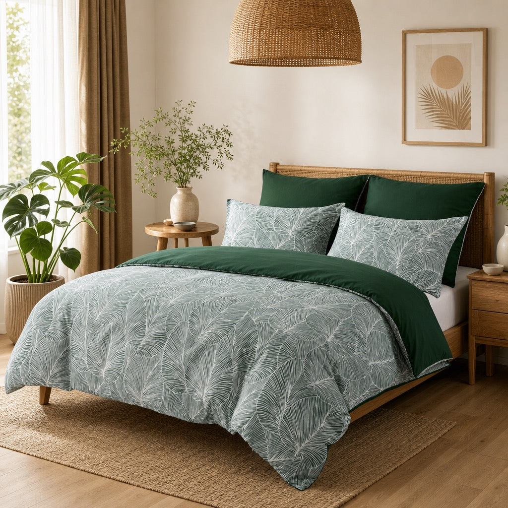 NEW Anthropologie Green Botanical Print Boho Queen King Bedding Duvet & Sham Set