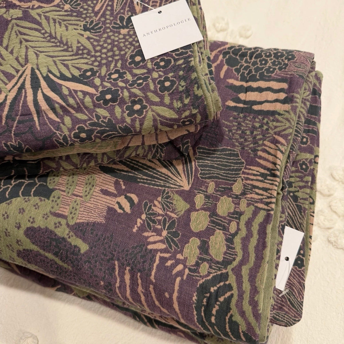 NEW Anthropologie Green Purple Floral Muslin Queen / King Bedding Duvet Sham Set