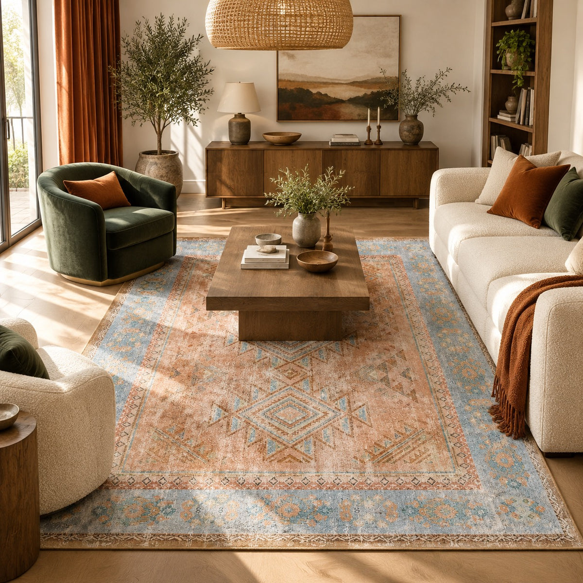 NEW Anthropologie Blue & Orange Moroccan Boho Washable Area Rug Carpet 8' x 10'