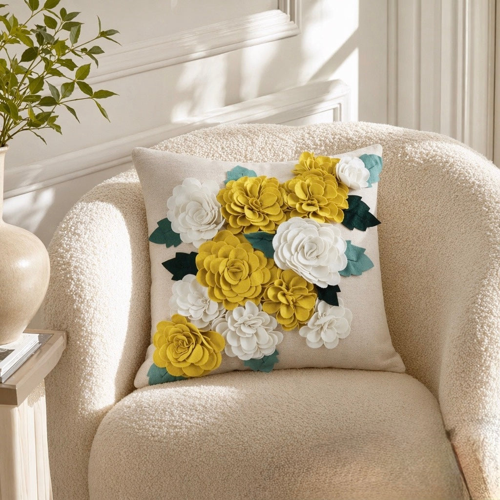 New $148 Anthropologie Boho 3D Floral Felt Throw Pillow Cover Case Sham 18"x18"