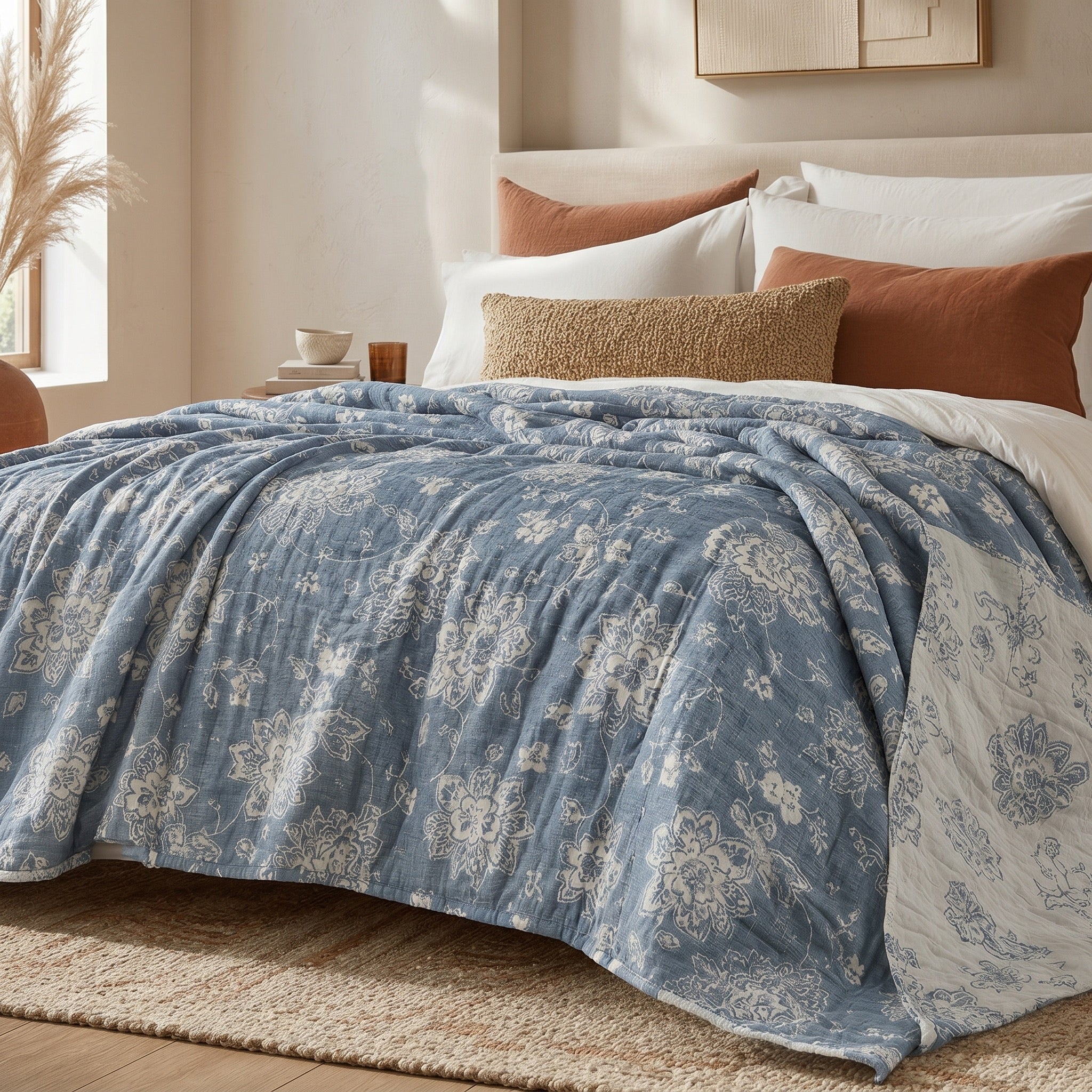 NEW Anthropologie Blue Boho Floral Muslin Reversible Throw Blanket Quilt 60 x 80