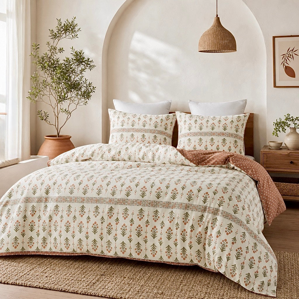 NEW Anthropologie White Coral Boho King Floral Cotton Bedding Duvet & Sham Set