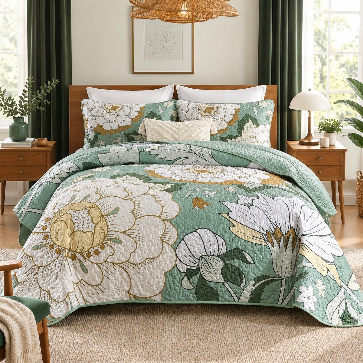 NEW Anthropologie Green & Yellow Floral Boho Queen / King Bedding Quilt Sham Set