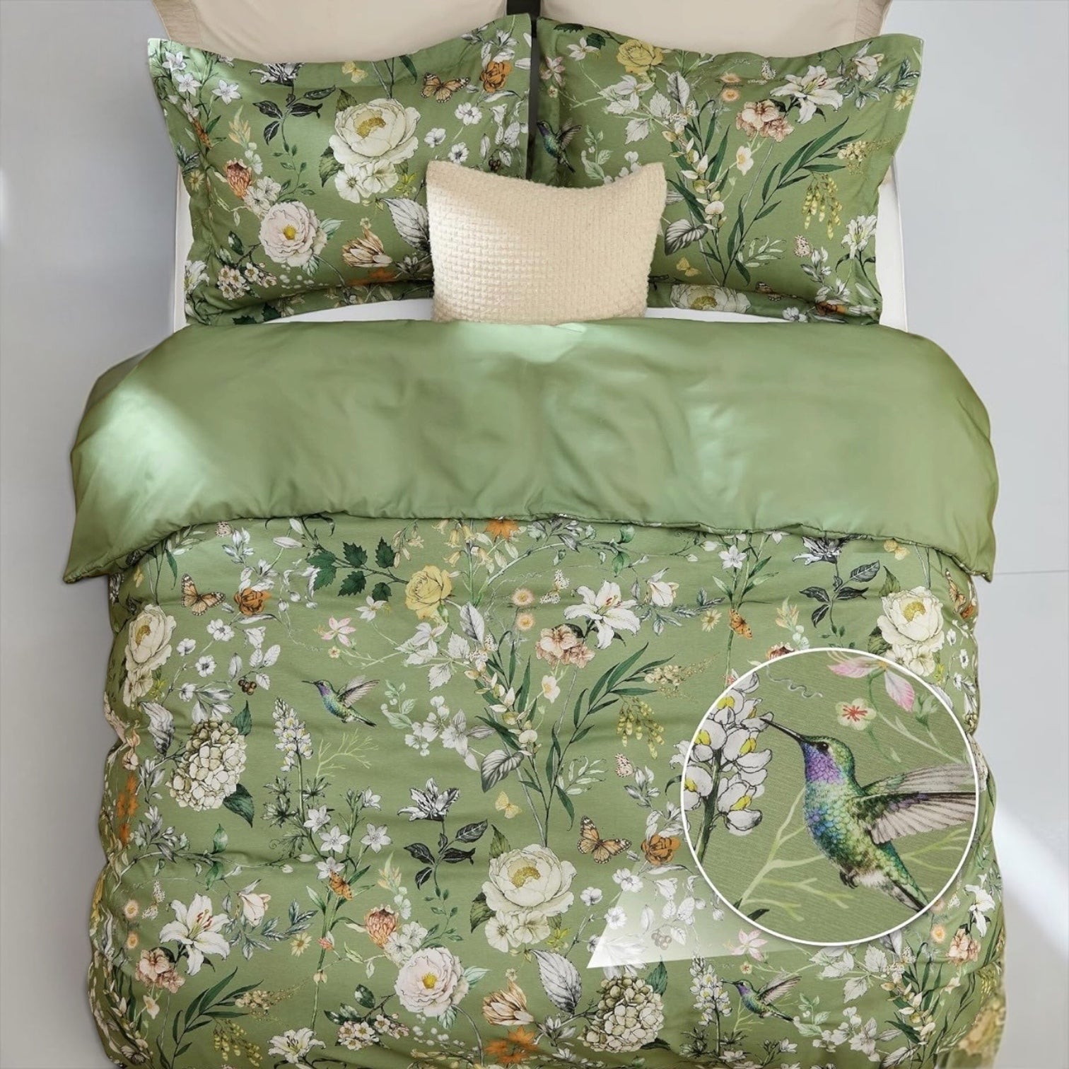 NEW Anthropologie Vintage Green Floral Bird Queen King Duvet Bedding & Sham Set