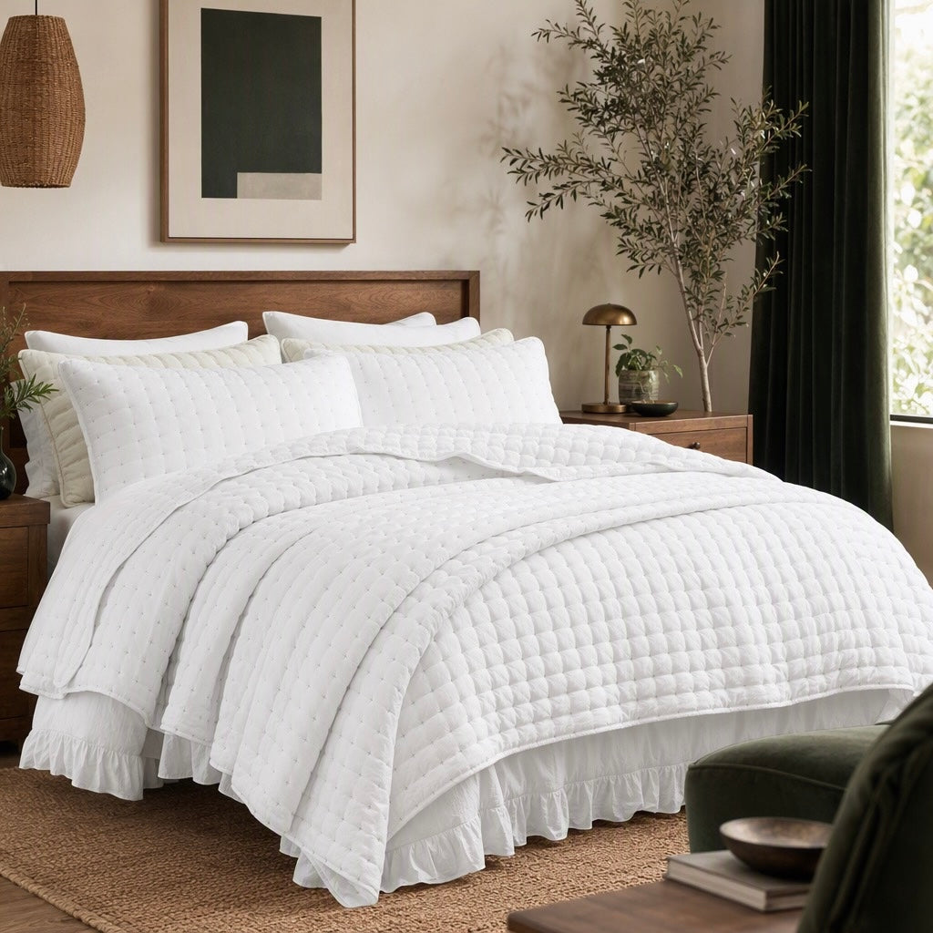 NEW West Elm White Ultra Soft Stitch Quilted Comforter Coverlet Bedding Sham Set