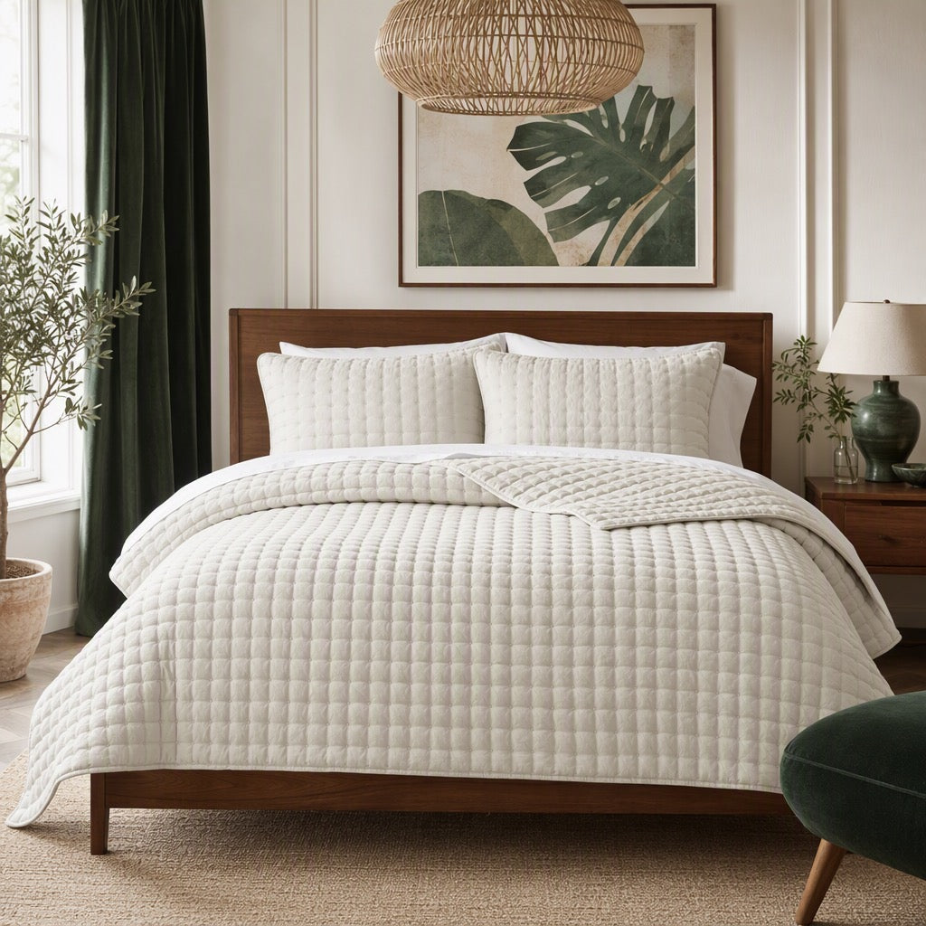 NEW West Elm Cream Beige Ultra Soft Quilted Comforter Coverlet Bedding Sham Set