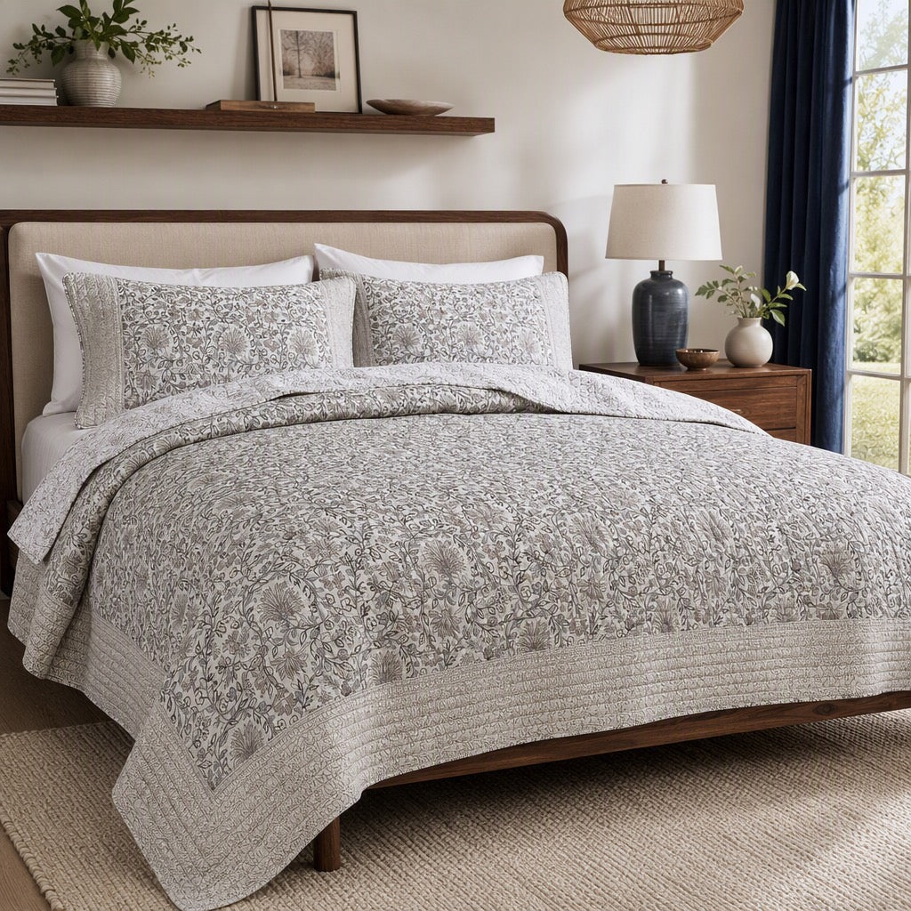 NEW West Elm Blue White Botanical Reversible Queen King Bedding Quilt & Sham Set