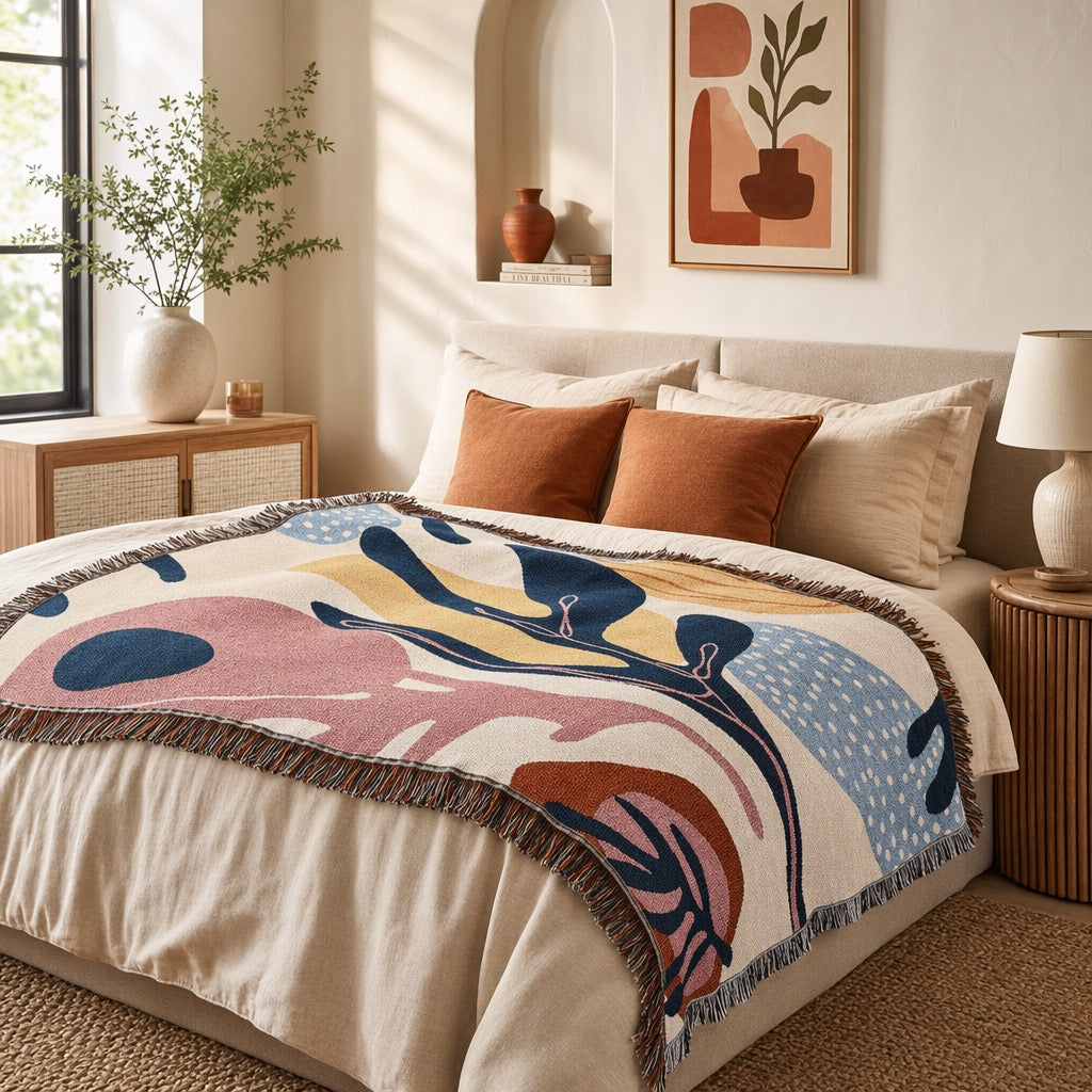 NEW Anthro Boho Abstract Retro Tassel Throw Blanket Bedspread Quilt - 63" x 51"