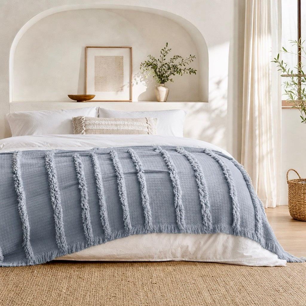 NEW West Elm Boho Blue Quilted Ruffle Knit Throw Blanket Bedding - 60" x 80"