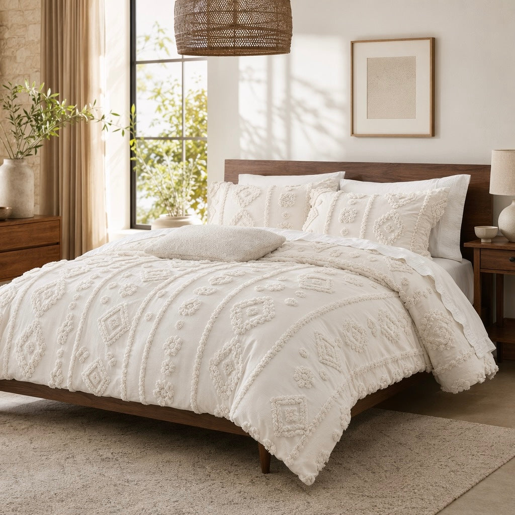 NEW Anthropologie Cream Tufted Boho Queen / King Size Bedding Duvet & Sham Set