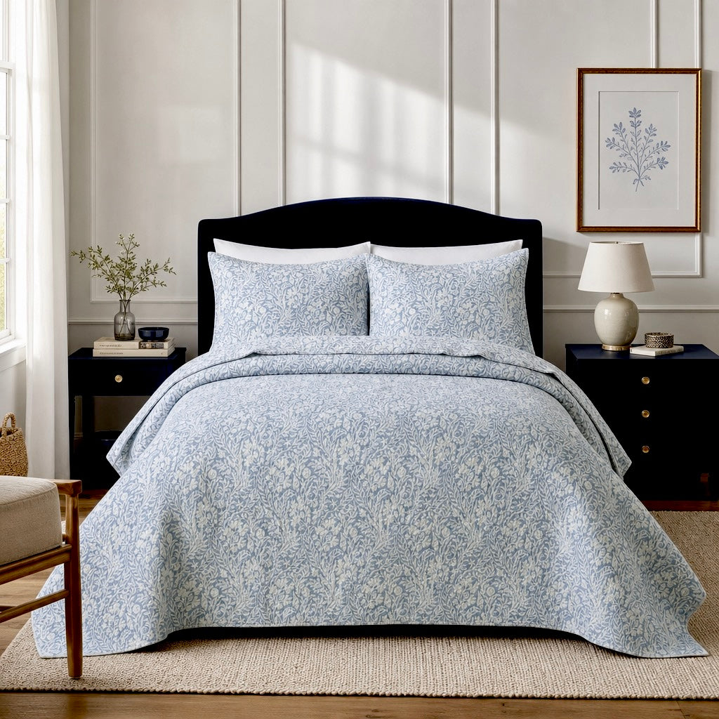 NEW West Elm Blue Botanical Boho Print Queen / King Bedding Quilt & Sham Set