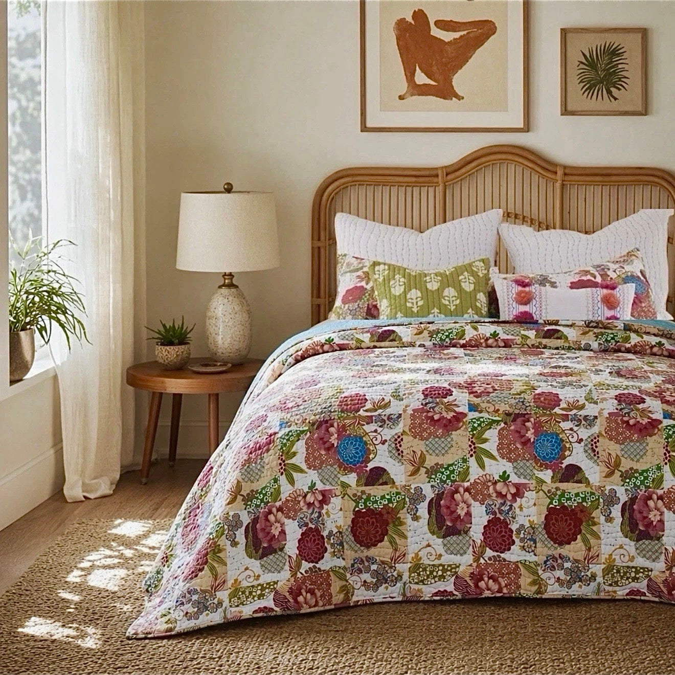 NEW Anthropologie Red White Floral Queen / King Quilt Bedspread Bedding Sham Set