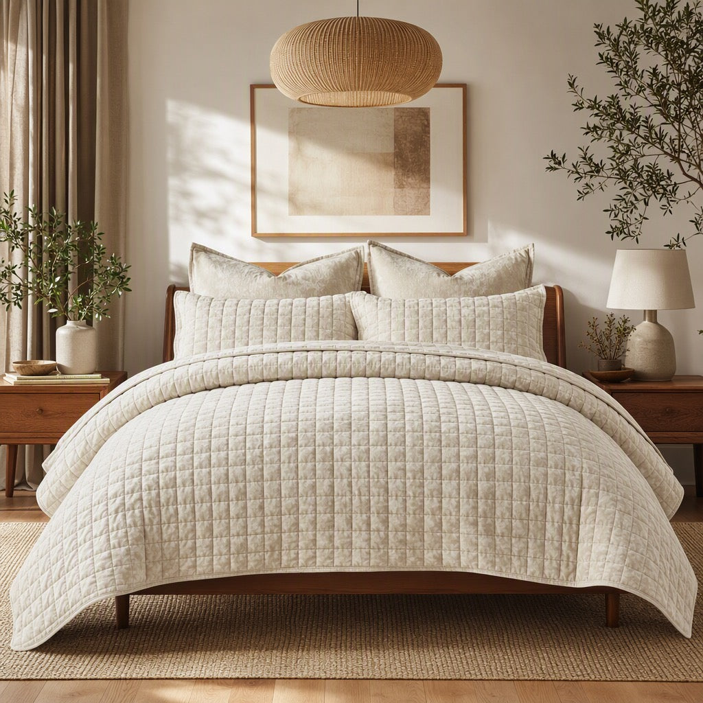 NEW West Elm Beige Velvet Ultra Soft Quilted Bedding Quilt Set - Multiple Sizes