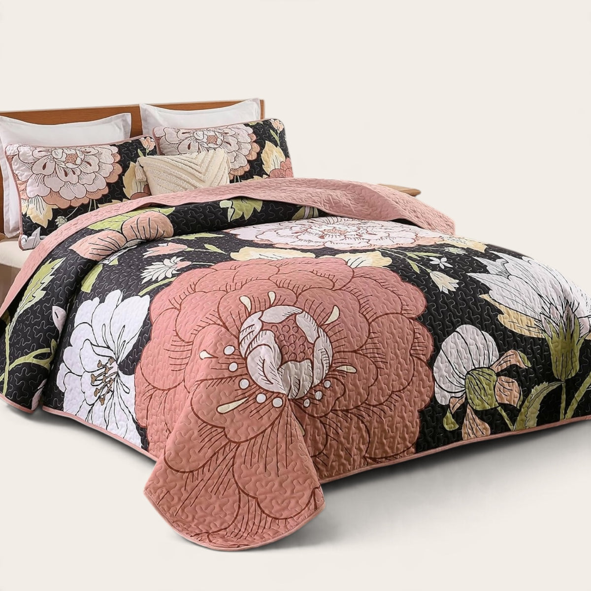 NEW Anthropologie Black & Pink Floral Boho Queen / King Bedding Quilt & Sham Set