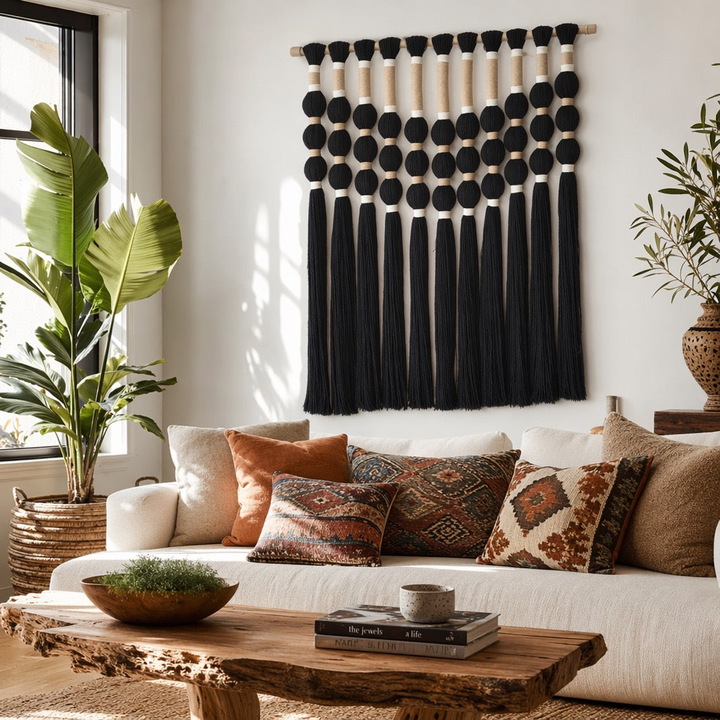 NEW Anthropologie XL Boho Black Ball Tassel Tapestry Woven Wall Hanging - 33"