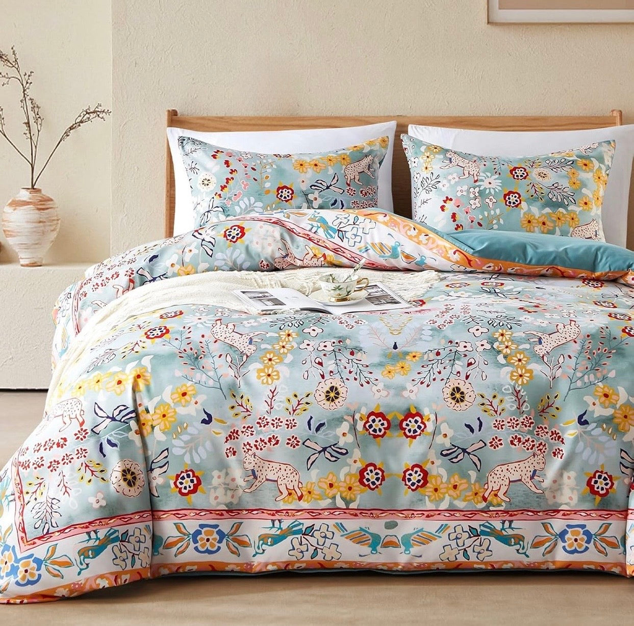 NEW Anthro Blue Jungle Multicolor Boho Queen / King Bedding Duvet & Sham Case