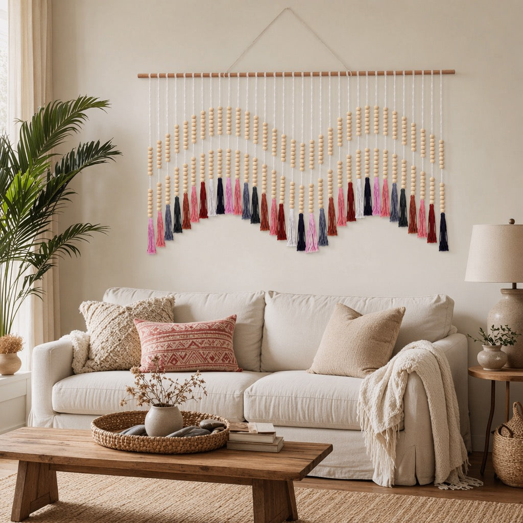 NEW Anthropologie XL Colorful Tapestry Beaded Tassel Macrame Wall Hanging 70x35