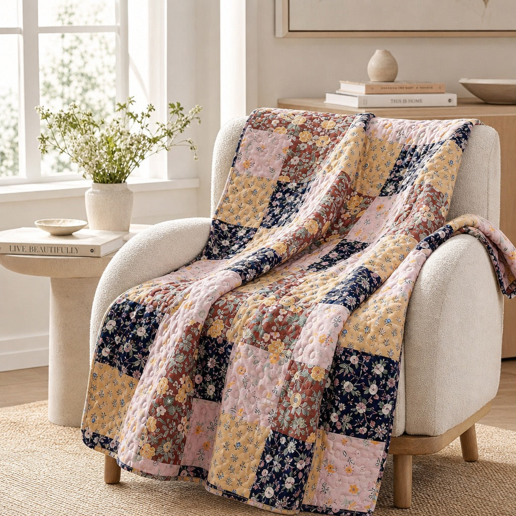 NEW Anthro Boho Multicolor Floral Throw Blanket Patchwork Quilt 50" x 60"