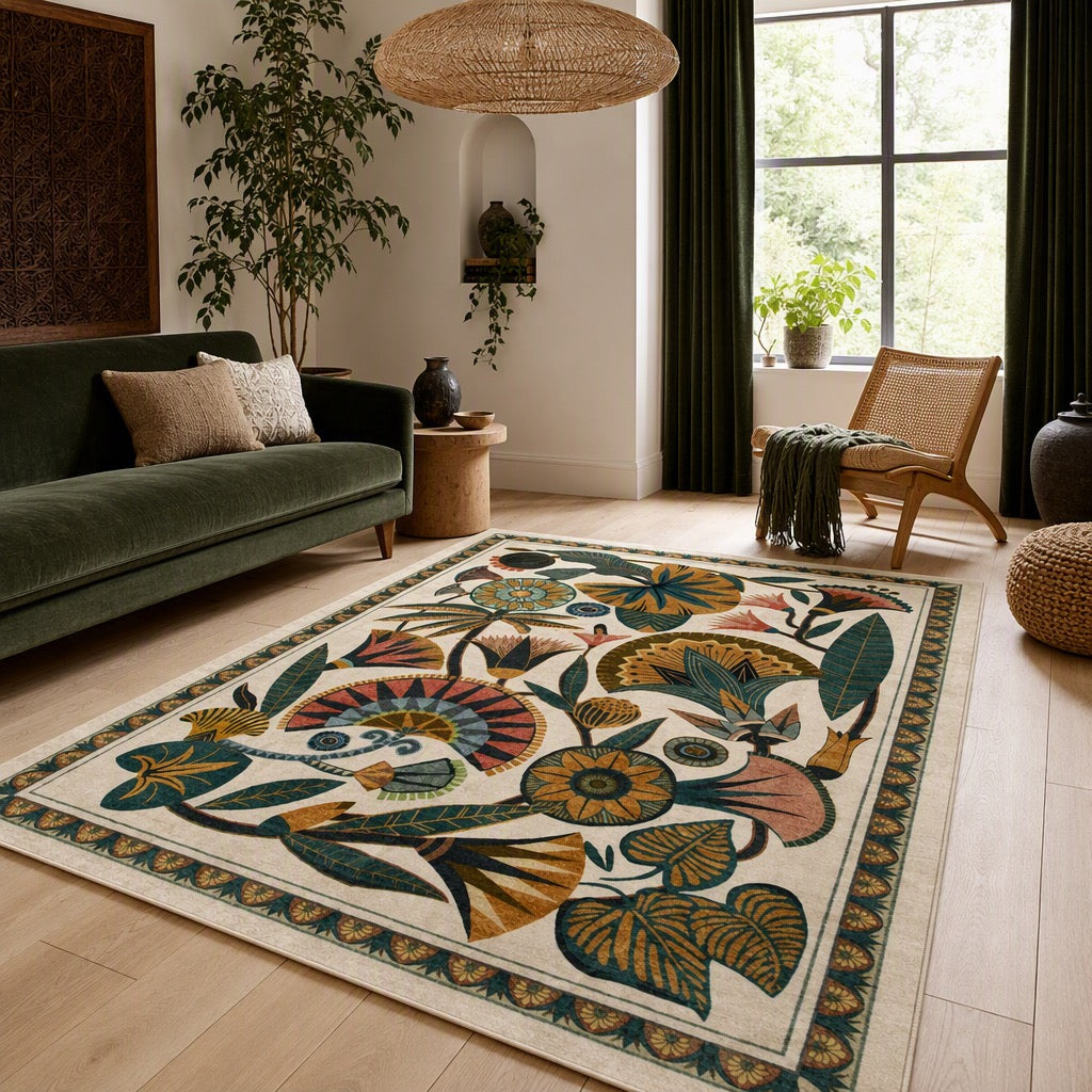 NEW Anthropologie Boho Egypt Floral Multicolor Washable Area Rug Carpet 5' x 7'