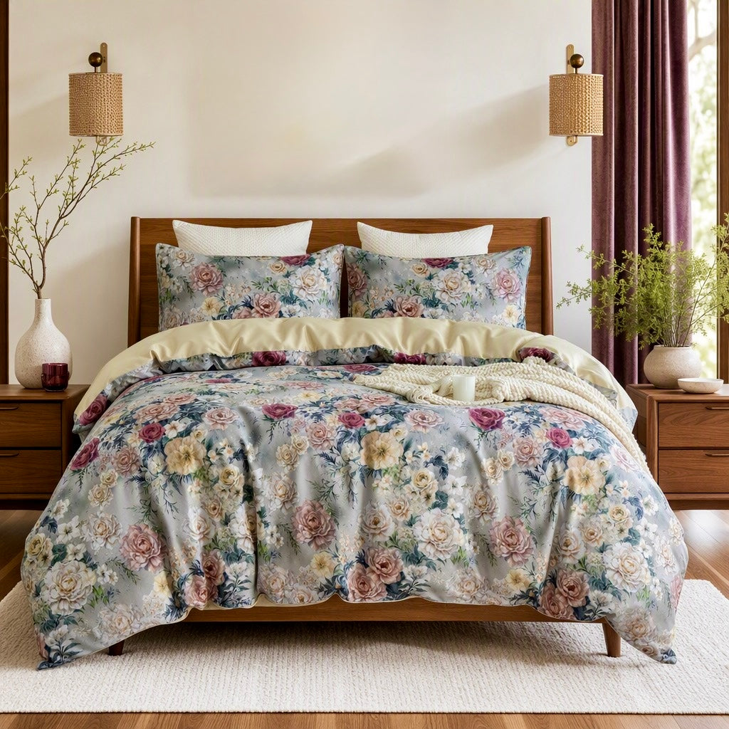 NEW Anthropologie Purple Rose Floral Boho 100% Cotton Duvet Bedding & Sham Set