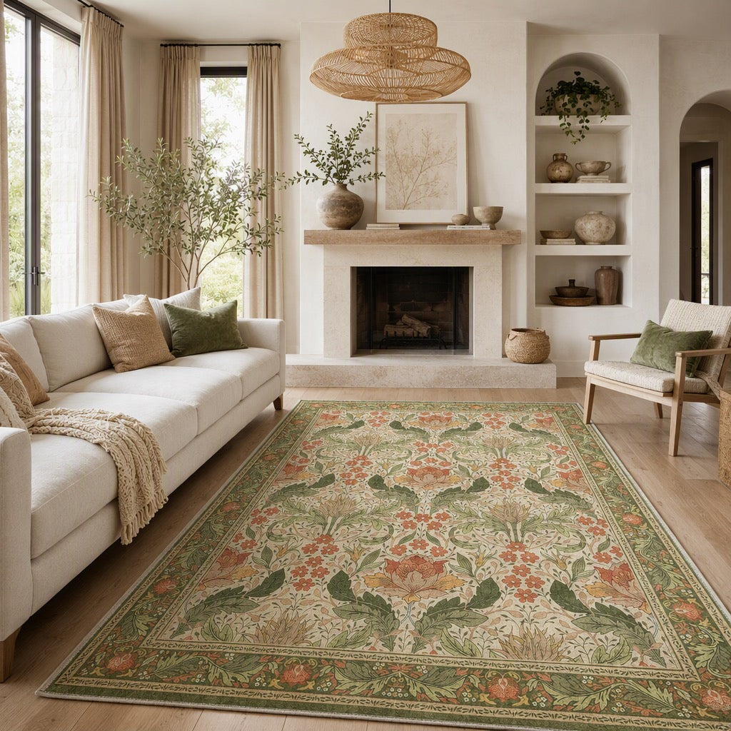 NEW Anthropologie Green Orange Floral Vintage Washable Area Rug Carpet - 5' x 7'