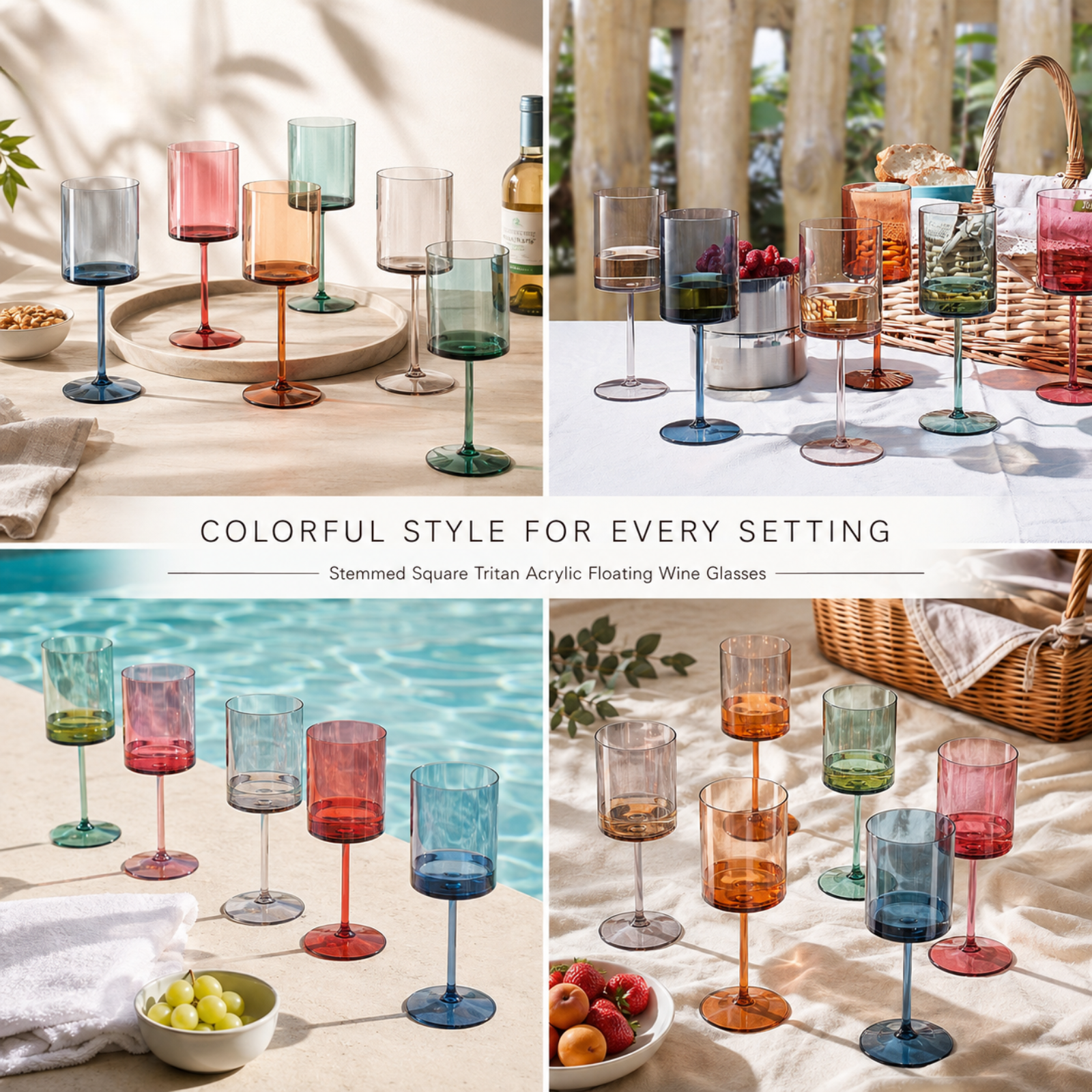 Tonal Acrylic Stemmed Square Wine Glassware, Set of 6