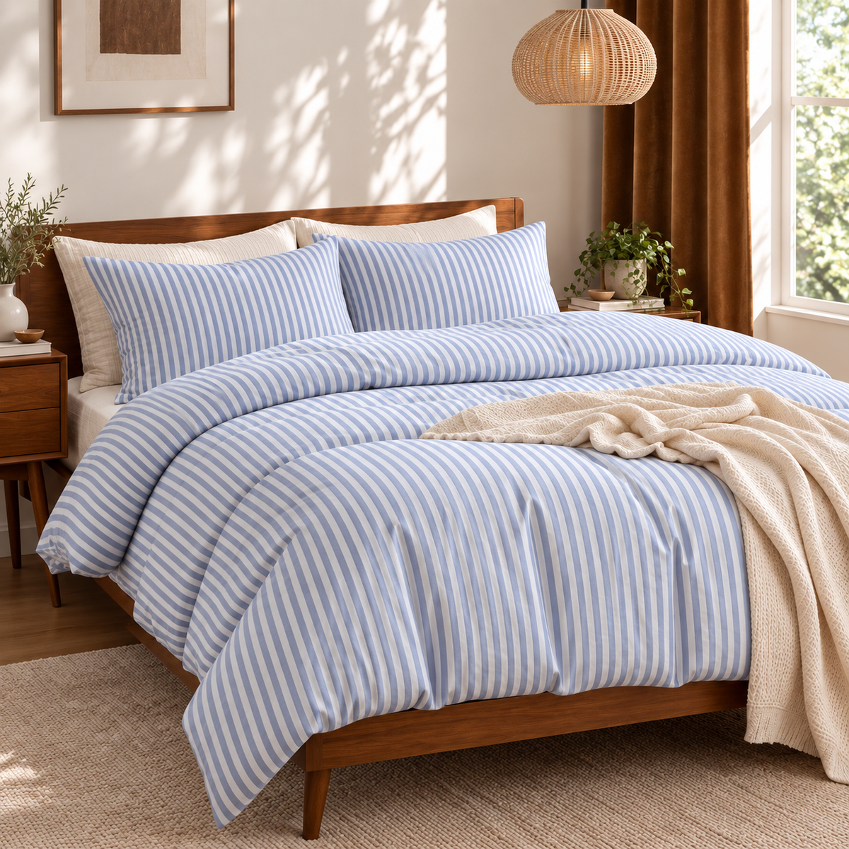 NEW West Elm White & Blue Striped Cotton Simple Modern Bedding Duvet & Sham Set