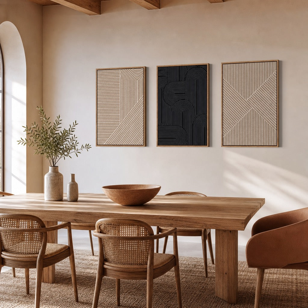 NEW West Elm Large Abstract Set of 3 Framed Canvas Wall Art Paintings Decor 24"
