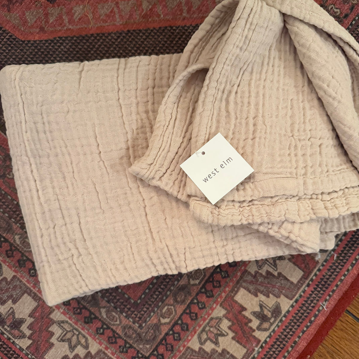 NEW West Elm Beige Woven Waffle Knit Cotton Boho Cozy Throw Blanket - 50" x 60"