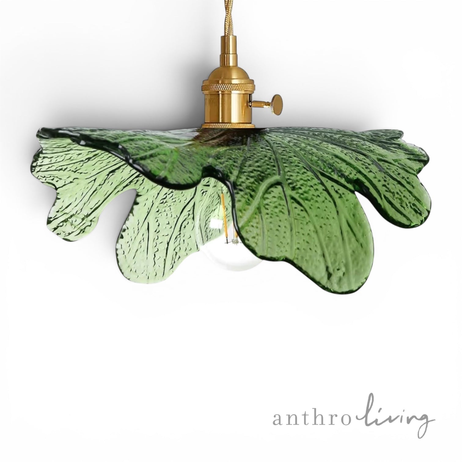 NEW Anthro Vintage Green Glass Hanging Retro Gold Floral Pendant Light Fixture