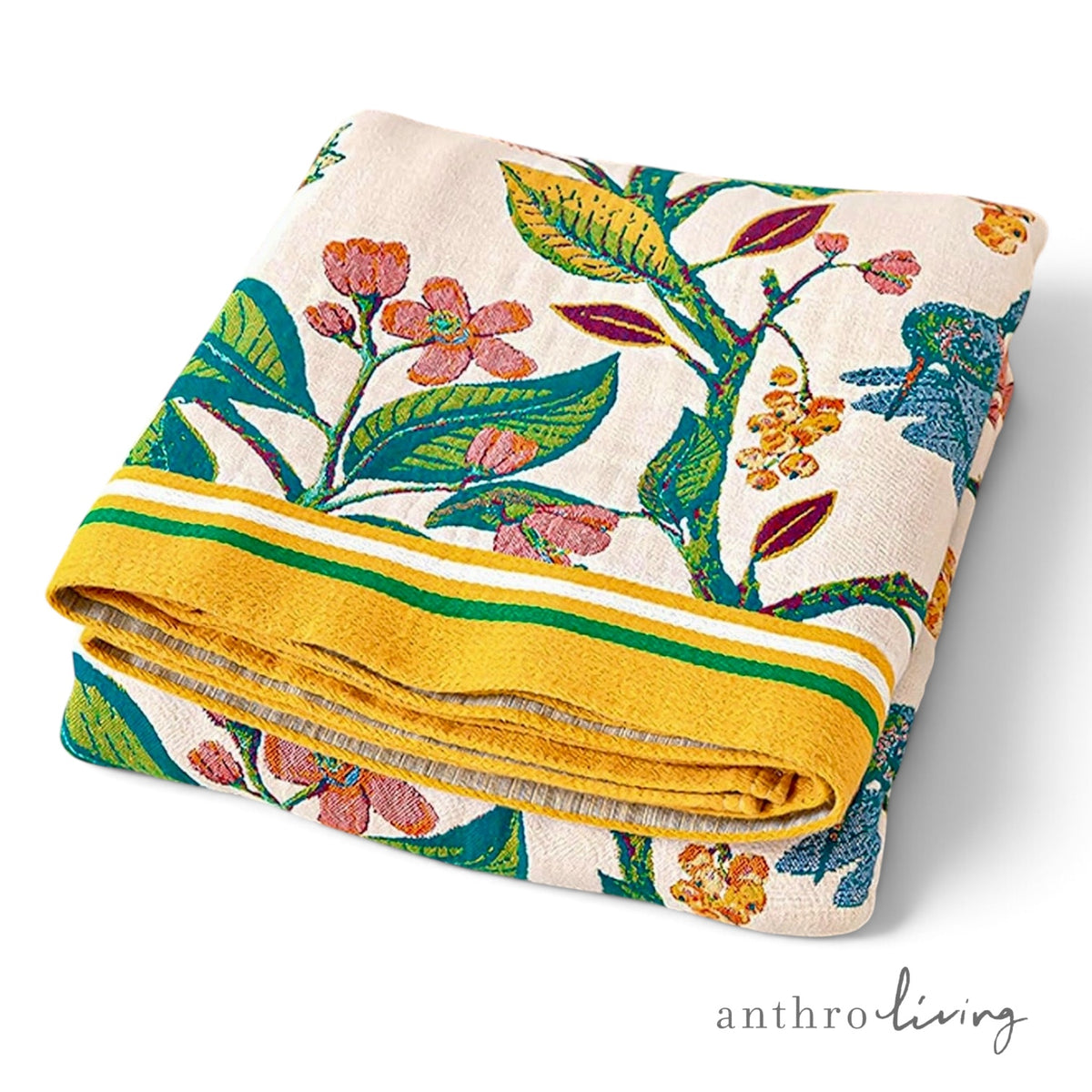 NEW Anthropologie Boho Bird Orange Blue Queen Blanket Bedspread Quilt 80" x 90"