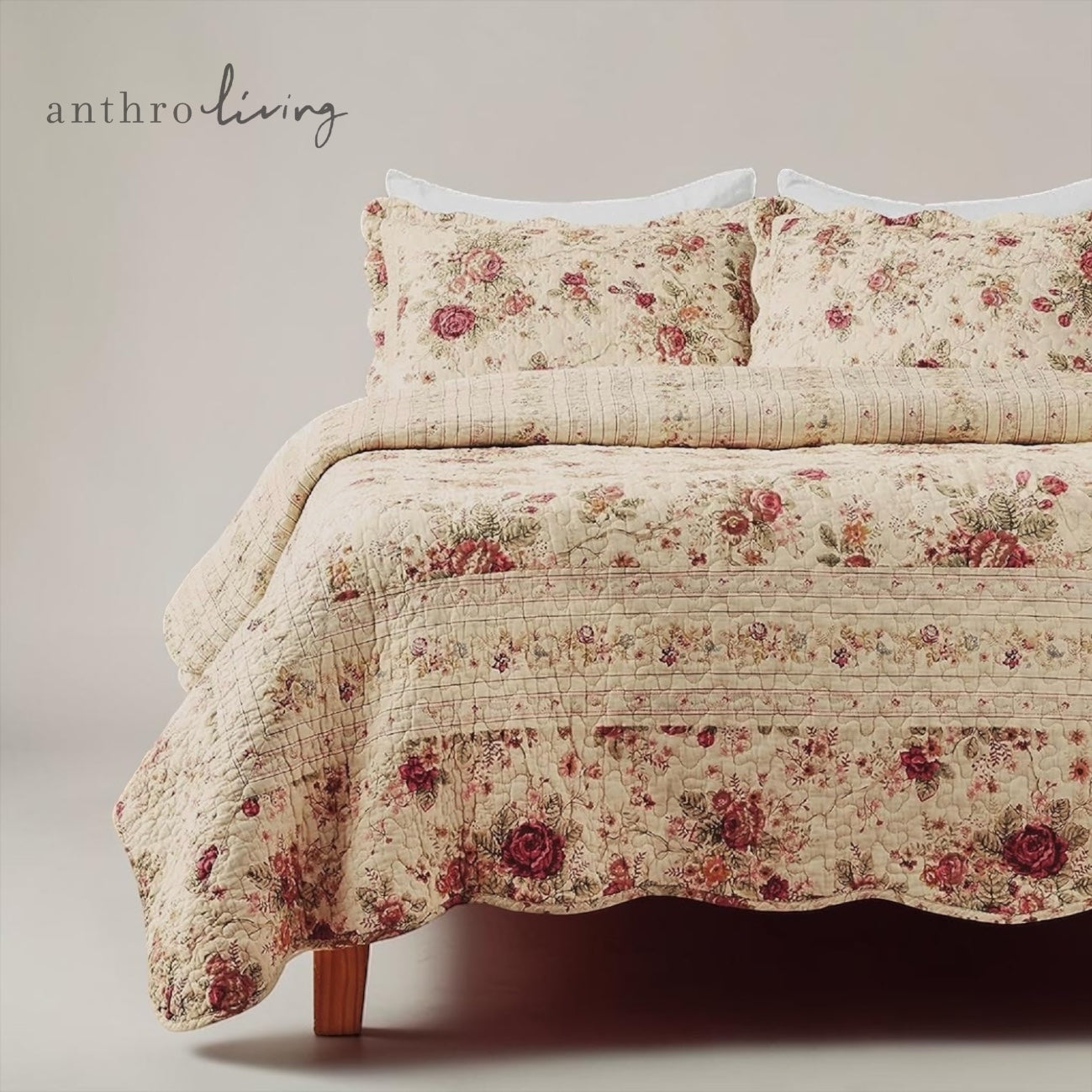 NEW Anthropologie White Red Floral Cream Queen / King Quilt Bedspread Bedding Sham Set