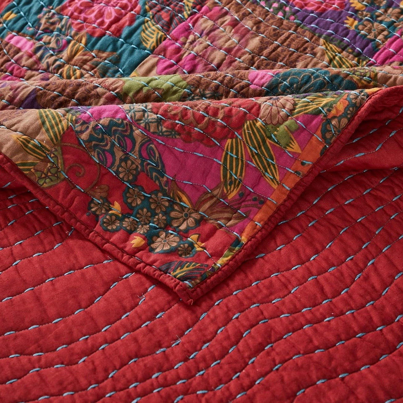 NEW Anthropologie Red Floral Boho King Quilt Stitch Bedspread Bedding Sham Set