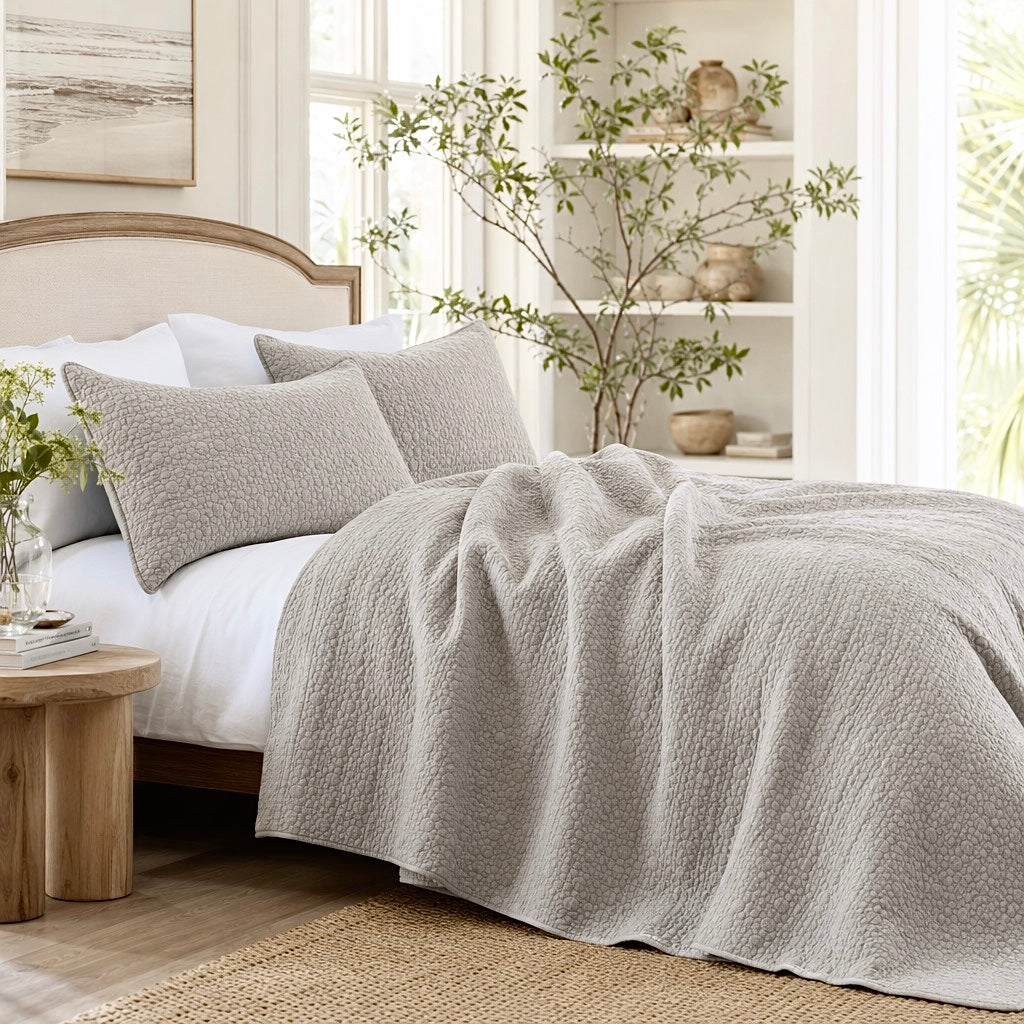 NEW West Elm Beige Stone Print Ultra Soft Queen King Bedding Bedspread Sham Set