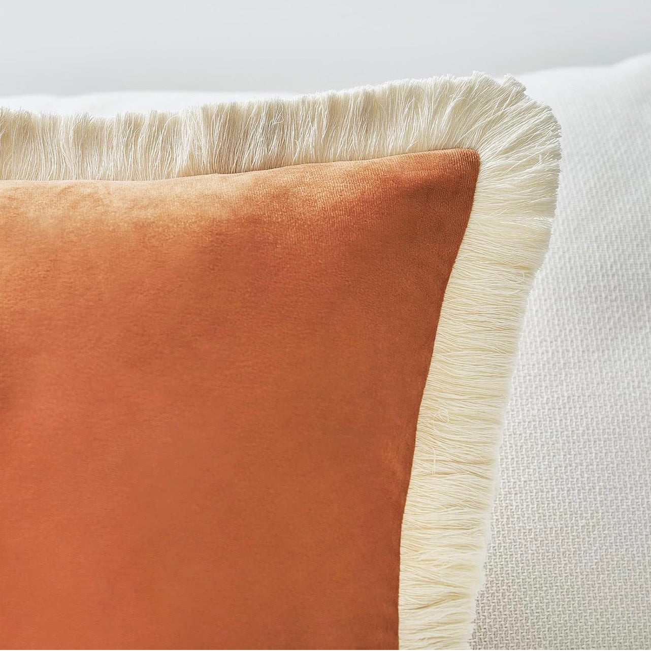 New West Elm Set 2 Orange Velvet Boho Fringe Throw Pillow Case Cover Sham 18x18