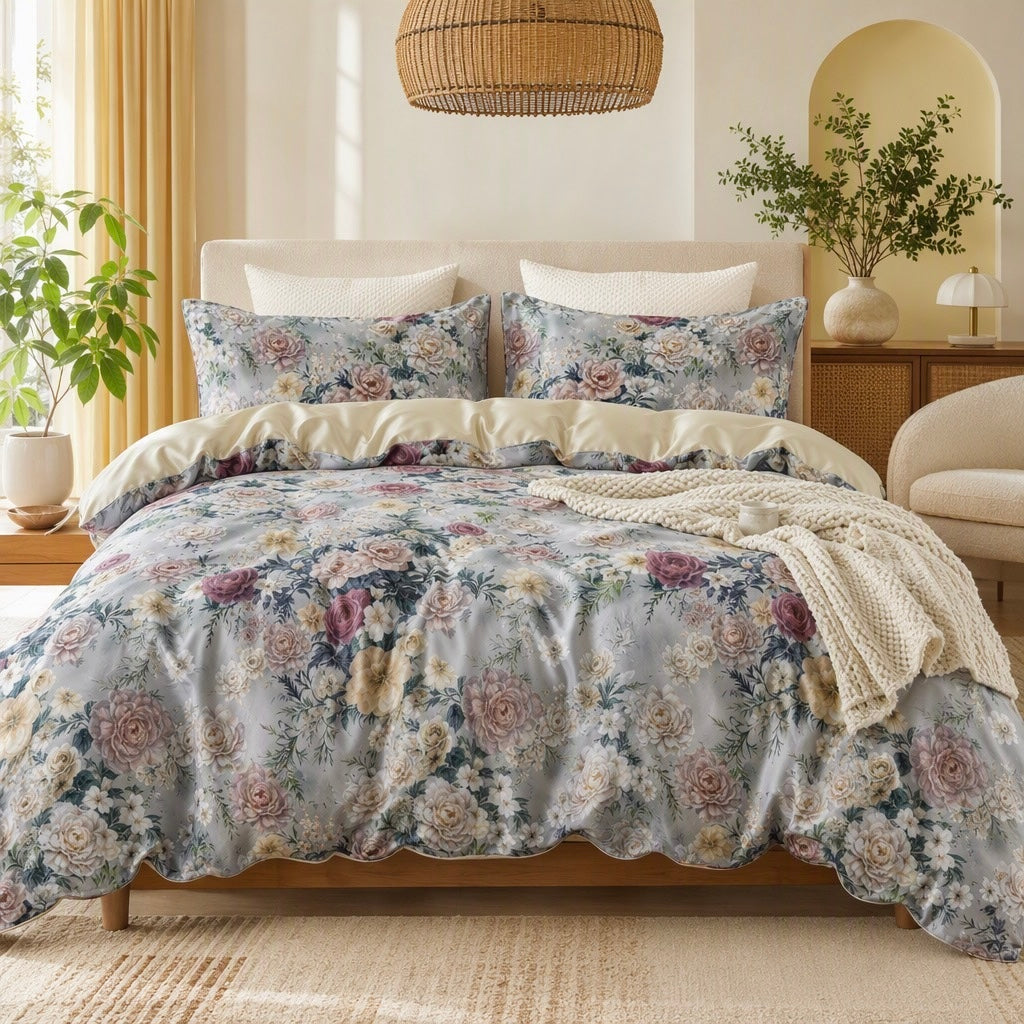 NEW Anthropologie Purple Rose Floral Boho 100% Cotton Duvet Bedding & Sham Set