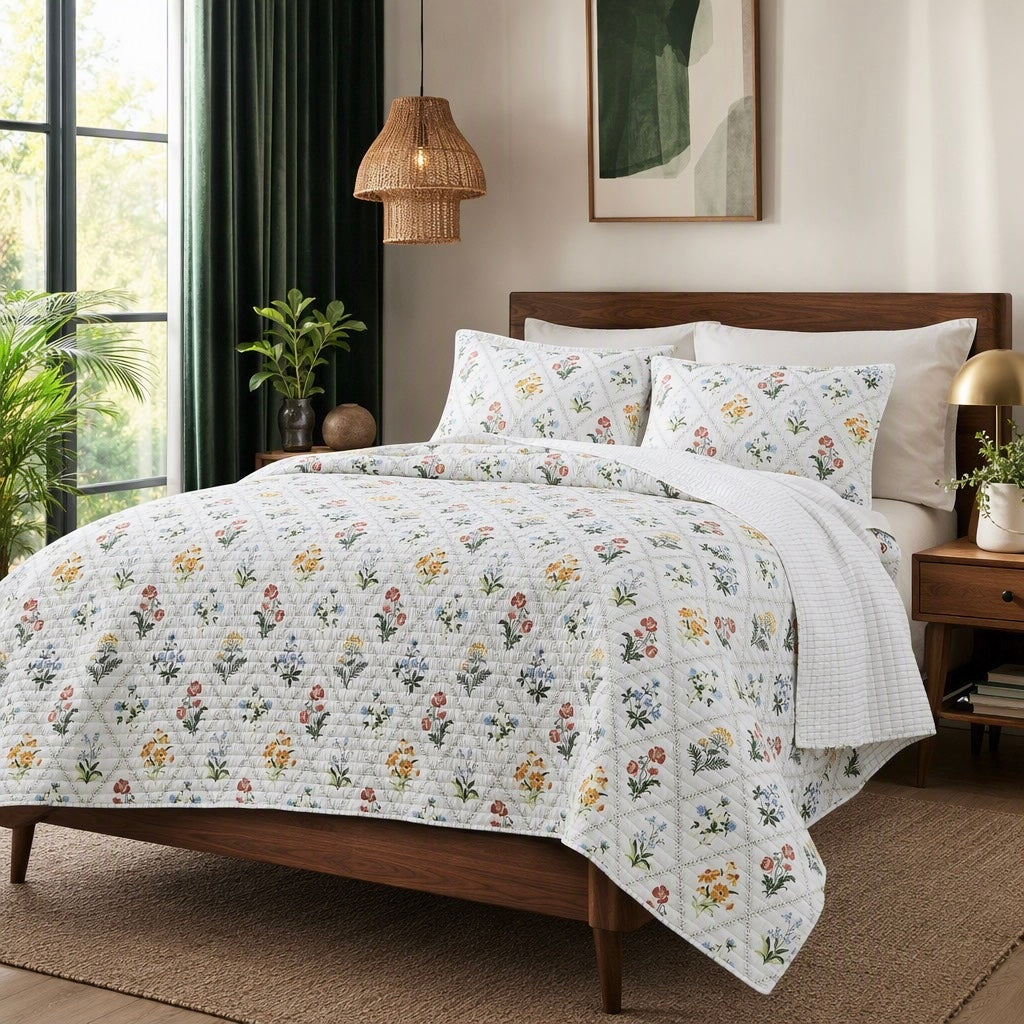 NEW Anthropologie Multicolor Floral Reversible Quilt Bedspread Bedding Sham Set