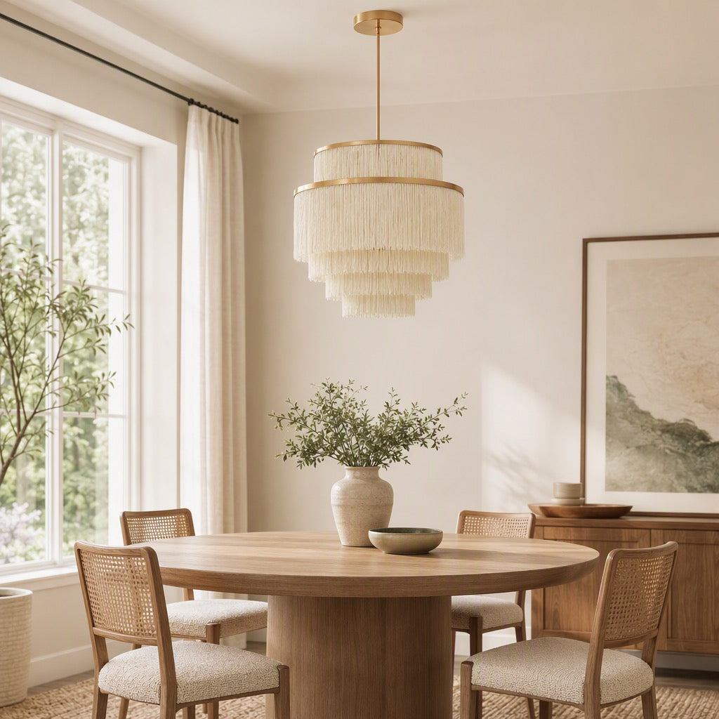 NEW Anthropologie Chandelier Mid-Century Boho Fringe Gold Ceiling Light Fixture