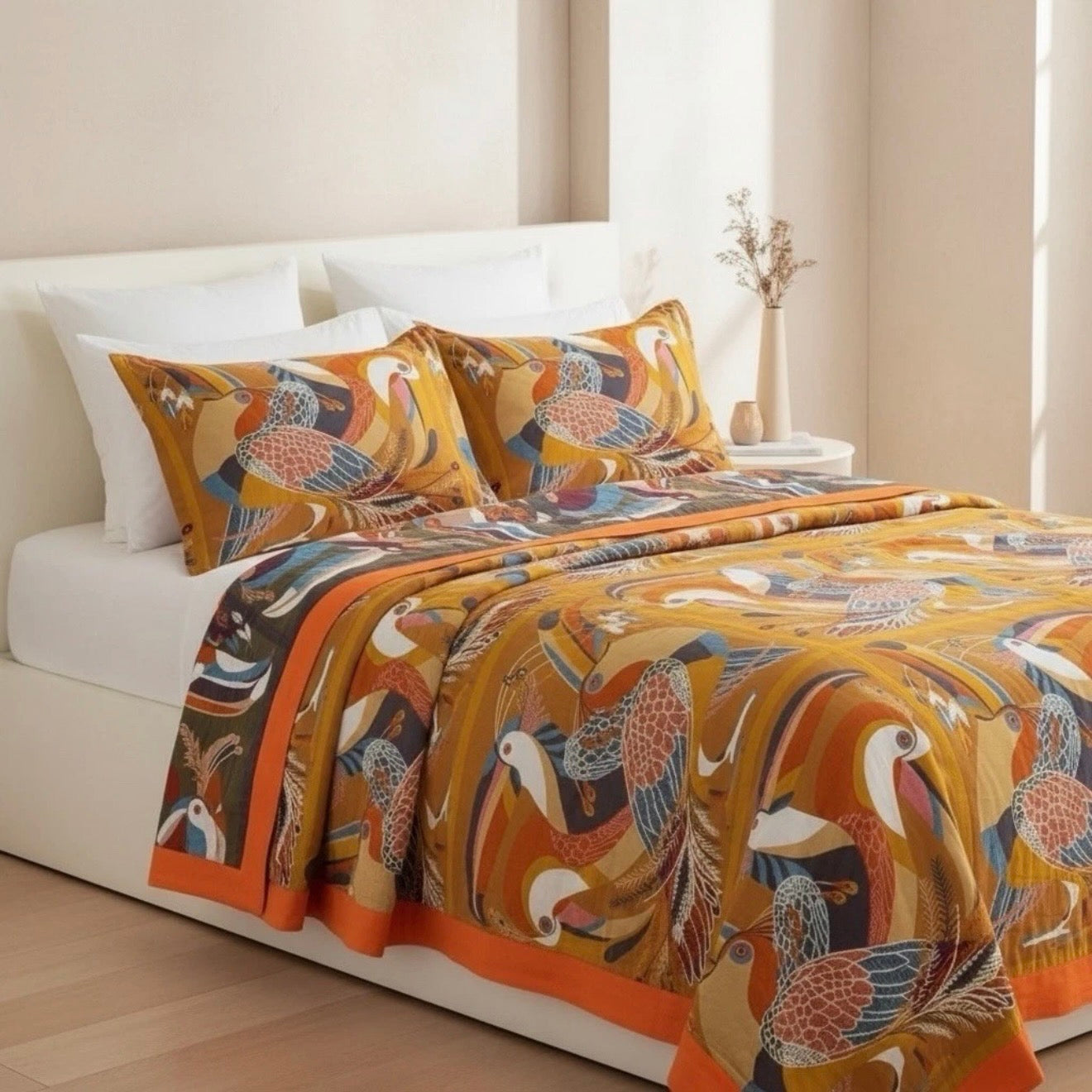 NEW Anthropologie Multi-Size Orange Bird Cotton Throw Blanket Bedspread Quilt