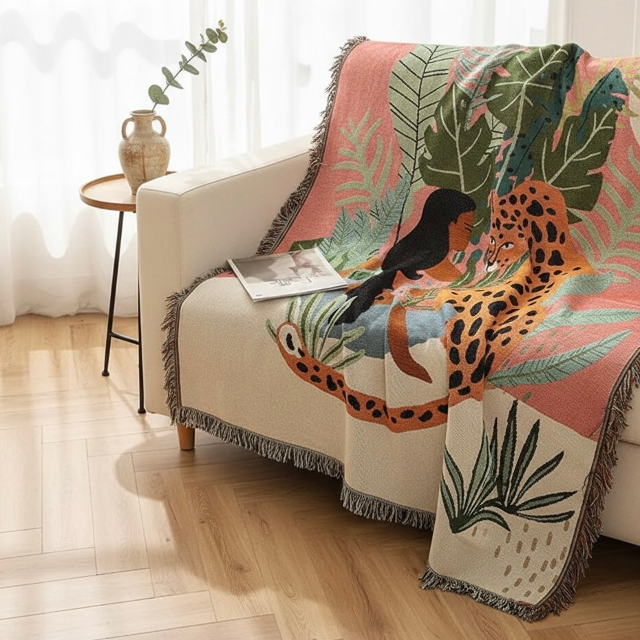 New Anthropologie Boho Jungle Tassel Throw Blanket Bedspread Quilt - 63" x 51"