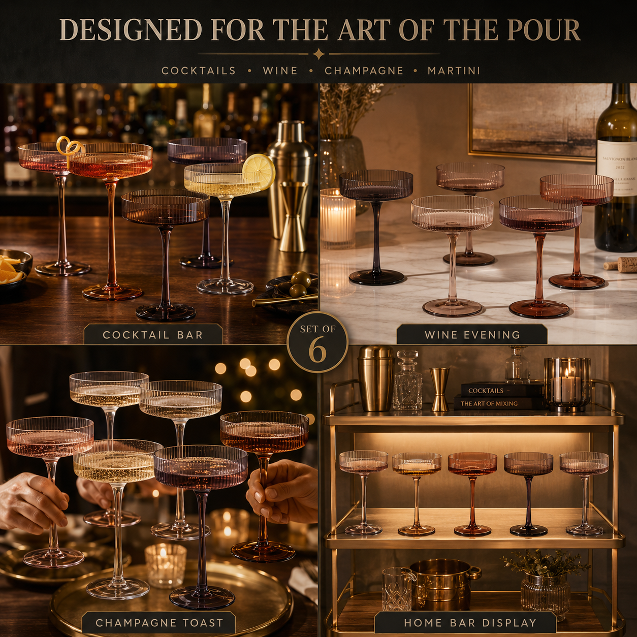 Venus Champagne Coupe Cocktail Glassware, Set of 6