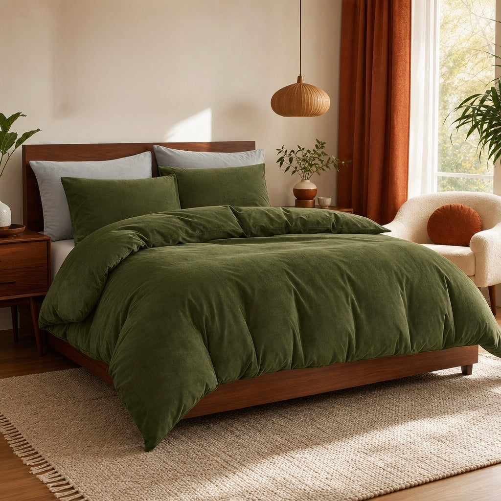 NEW West Elm Emerald Green Velvet Velour Queen / King Duvet Bedding & Sham Set