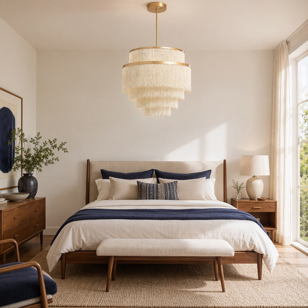 NEW Anthropologie Chandelier Mid-Century Boho Fringe Gold Ceiling Light Fixture
