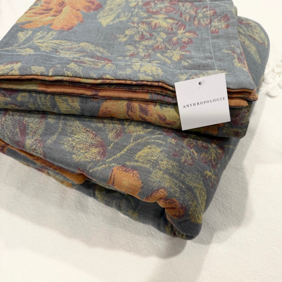 NEW Anthropologie Blue Orange Floral Cotton Queen / King Bedding Duvet Sham Set