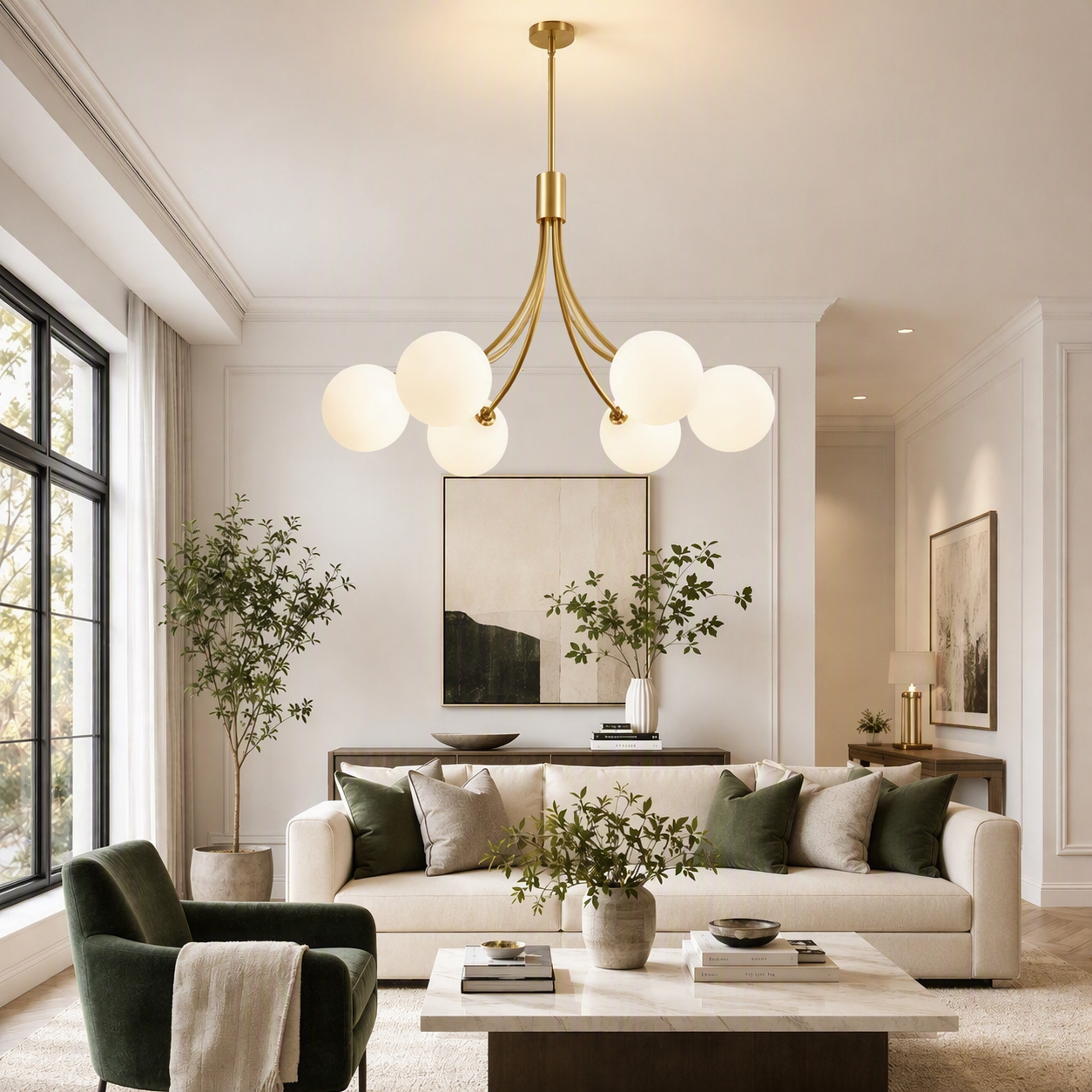 NEW West Elm XL 6-Light Gold & White Globe Boho Chandelier Hanging Light Fixture